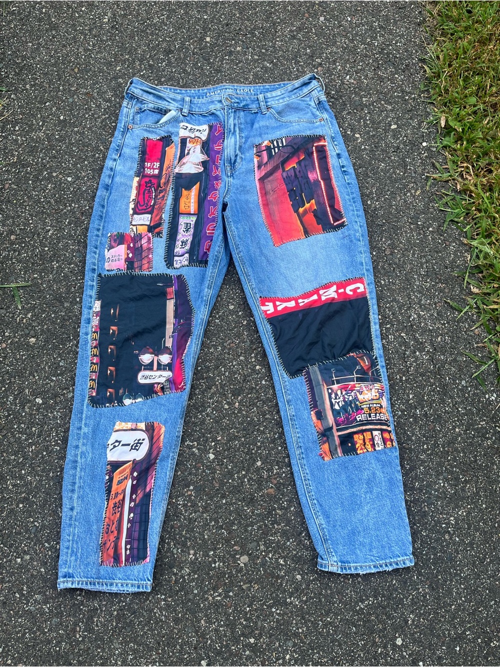 OOAK reworked American Eagle Blue Patchwork Graphic Women’s Jeans